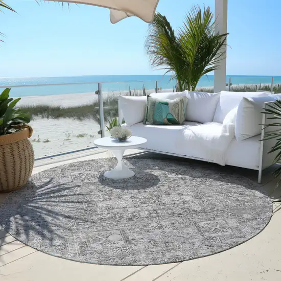 8' Gray Silver And Charcoal Round Floral Washable Indoor Outdoor Area Rug Photo 6