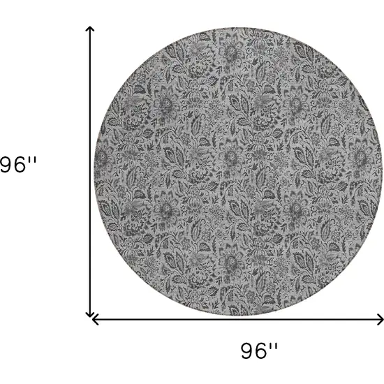 8' Gray Silver And Charcoal Round Floral Washable Indoor Outdoor Area Rug Photo 3