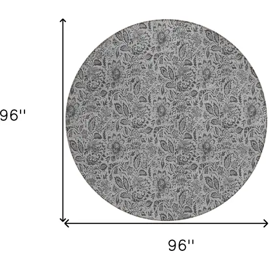 8' Gray Silver And Charcoal Round Floral Washable Indoor Outdoor Area Rug Photo 3