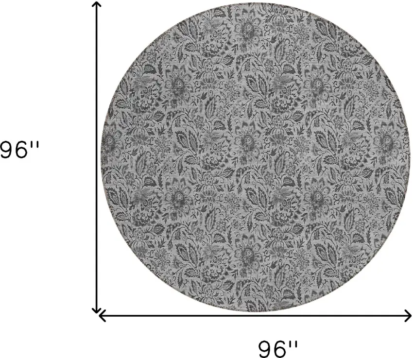 8' Gray Silver And Charcoal Round Floral Washable Indoor Outdoor Area Rug Photo 3