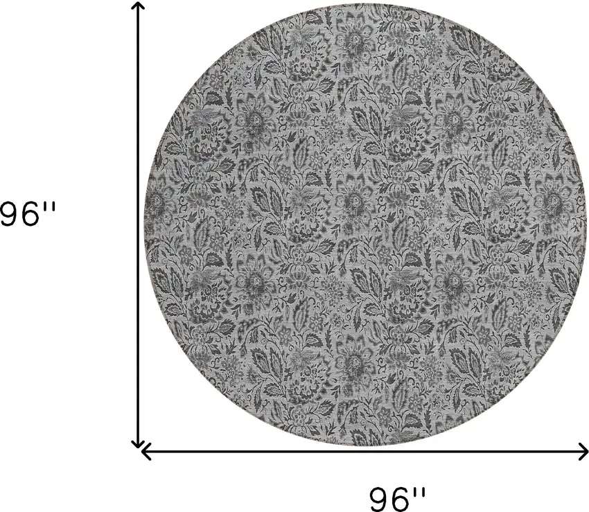 8' Gray Silver And Charcoal Round Floral Washable Indoor Outdoor Area Rug Photo 3