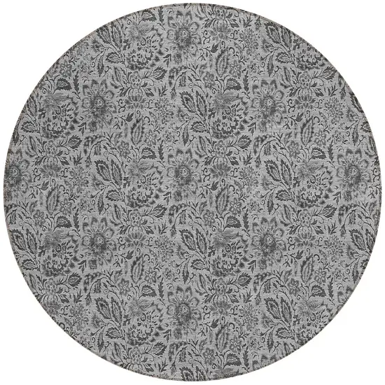 8' Gray Silver And Charcoal Round Floral Washable Indoor Outdoor Area Rug Photo 5