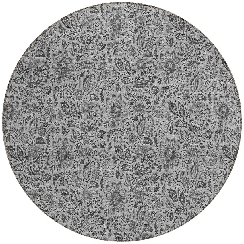 8' Gray Silver And Charcoal Round Floral Washable Indoor Outdoor Area Rug Photo 5