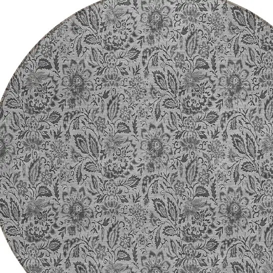 8' Gray Silver And Charcoal Round Floral Washable Indoor Outdoor Area Rug Photo 4
