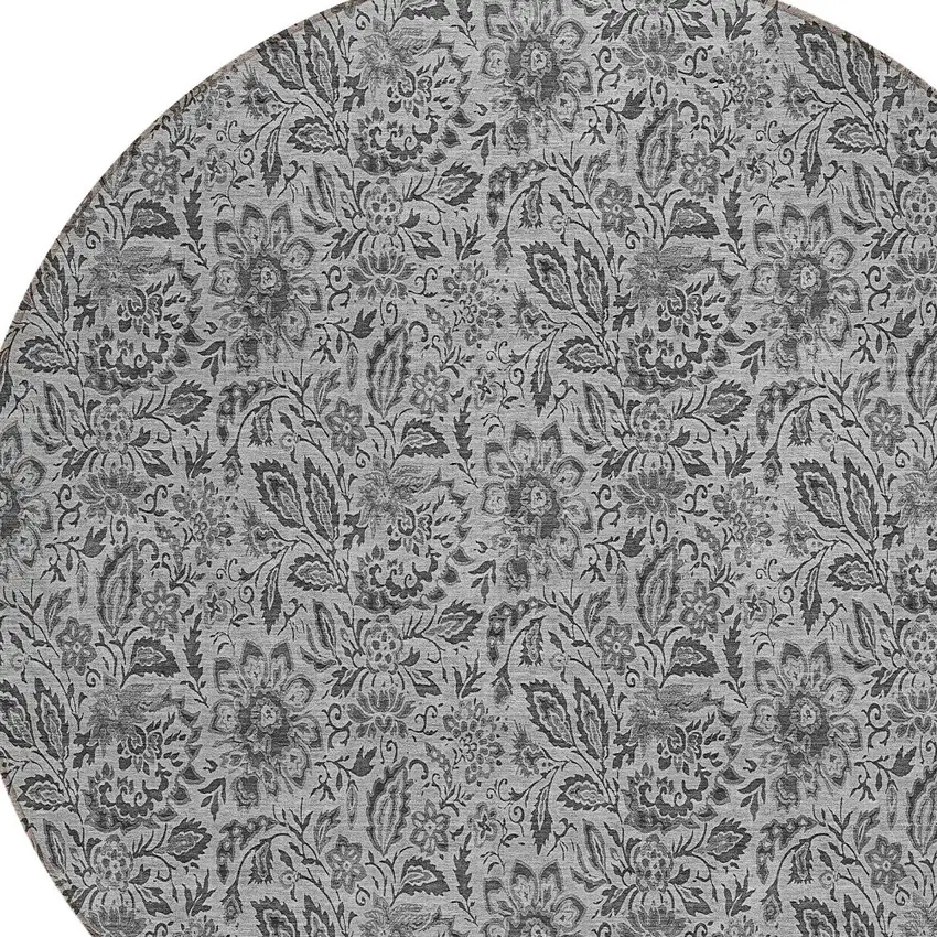 8' Gray Silver And Charcoal Round Floral Washable Indoor Outdoor Area Rug Photo 4