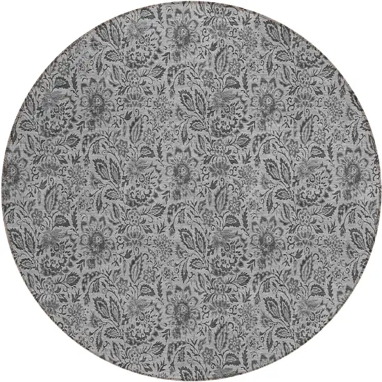 8' Gray Silver And Charcoal Round Floral Washable Indoor Outdoor Area Rug Photo 2