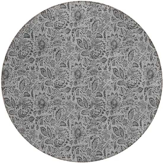 8' Gray Silver And Charcoal Round Floral Washable Indoor Outdoor Area Rug Photo 2