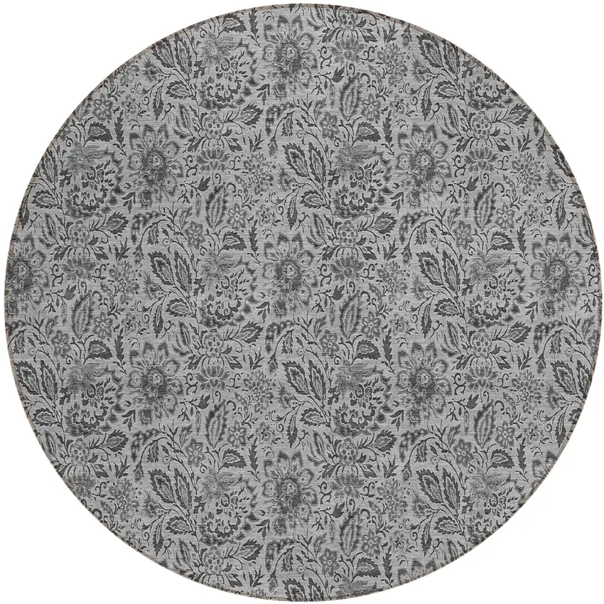 8' Gray Silver And Charcoal Round Floral Washable Indoor Outdoor Area Rug Photo 2