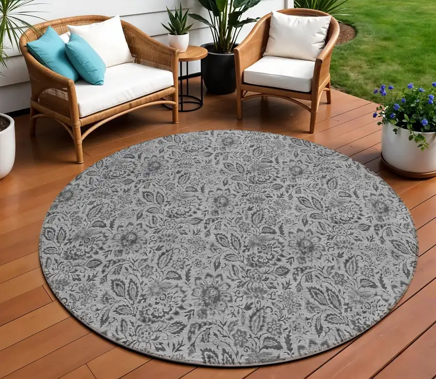 8' Gray Silver And Charcoal Round Floral Washable Indoor Outdoor Area Rug Photo 1