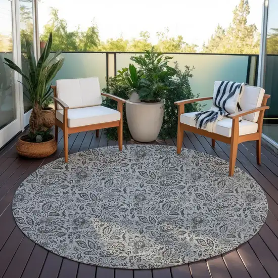 8' Gray Silver And Charcoal Round Floral Washable Indoor Outdoor Area Rug Photo 6