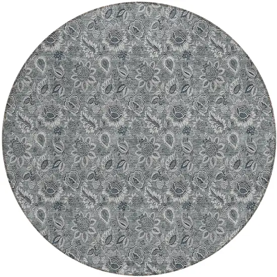 8' Gray Silver And Charcoal Round Floral Washable Indoor Outdoor Area Rug Photo 2