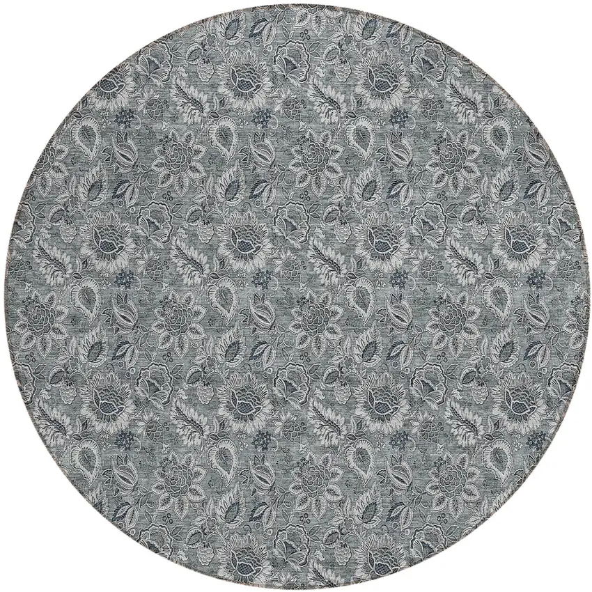 8' Gray Silver And Charcoal Round Floral Washable Indoor Outdoor Area Rug Photo 2
