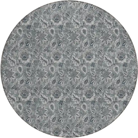 8' Gray Silver And Charcoal Round Floral Washable Indoor Outdoor Area Rug Photo 2