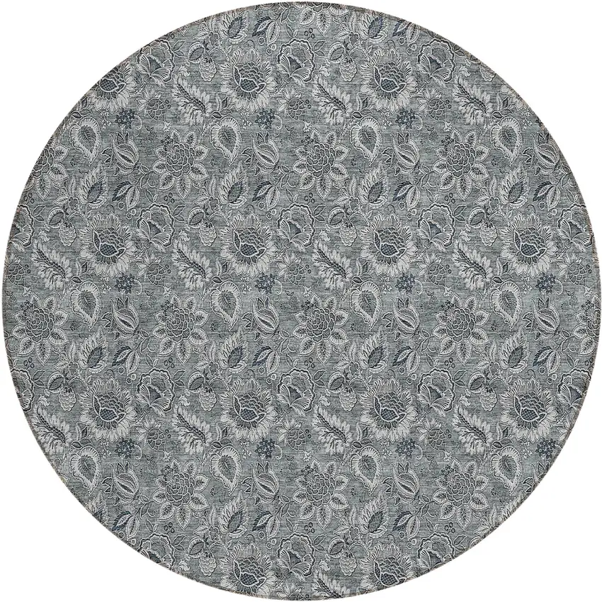 8' Gray Silver And Charcoal Round Floral Washable Indoor Outdoor Area Rug Photo 2