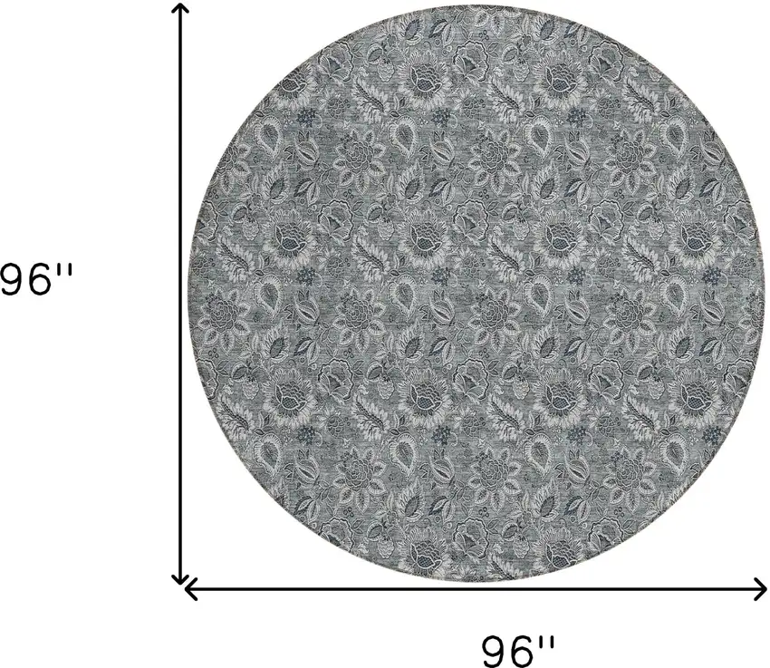 8' Gray Silver And Charcoal Round Floral Washable Indoor Outdoor Area Rug Photo 3