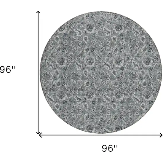 8' Gray Silver And Charcoal Round Floral Washable Indoor Outdoor Area Rug Photo 3