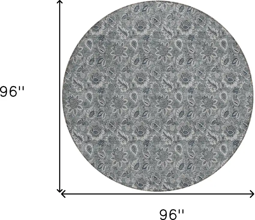 8' Gray Silver And Charcoal Round Floral Washable Indoor Outdoor Area Rug Photo 3
