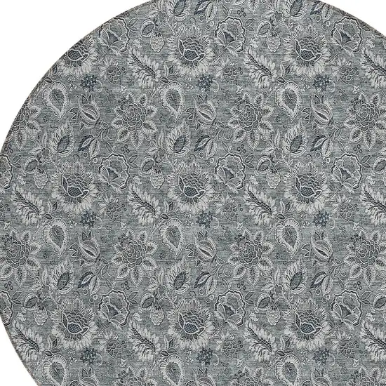 8' Gray Silver And Charcoal Round Floral Washable Indoor Outdoor Area Rug Photo 4