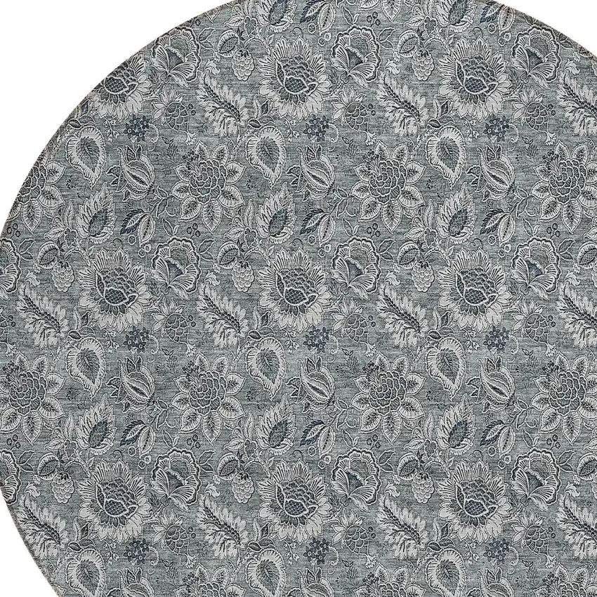8' Gray Silver And Charcoal Round Floral Washable Indoor Outdoor Area Rug Photo 4