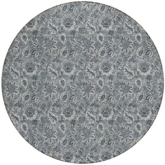 8' Gray Silver And Charcoal Round Floral Washable Indoor Outdoor Area Rug Photo 5