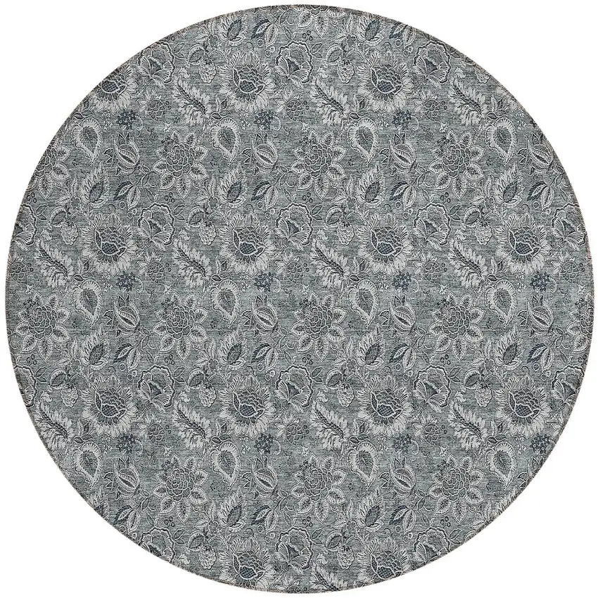 8' Gray Silver And Charcoal Round Floral Washable Indoor Outdoor Area Rug Photo 5