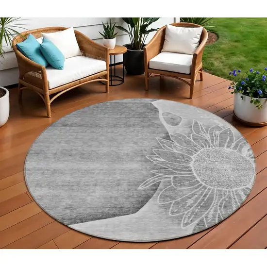 8' Gray Silver And Charcoal Round Floral Washable Indoor Outdoor Area Rug Photo 1