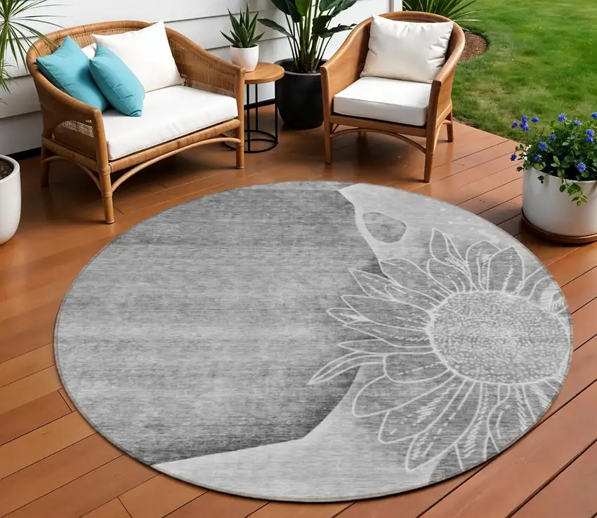 8' Gray Silver And Charcoal Round Floral Washable Indoor Outdoor Area Rug Photo 1