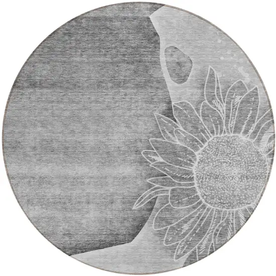 8' Gray Silver And Charcoal Round Floral Washable Indoor Outdoor Area Rug Photo 1
