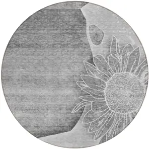 Photo of 8' Gray Silver And Charcoal Round Floral Washable Indoor Outdoor Area Rug