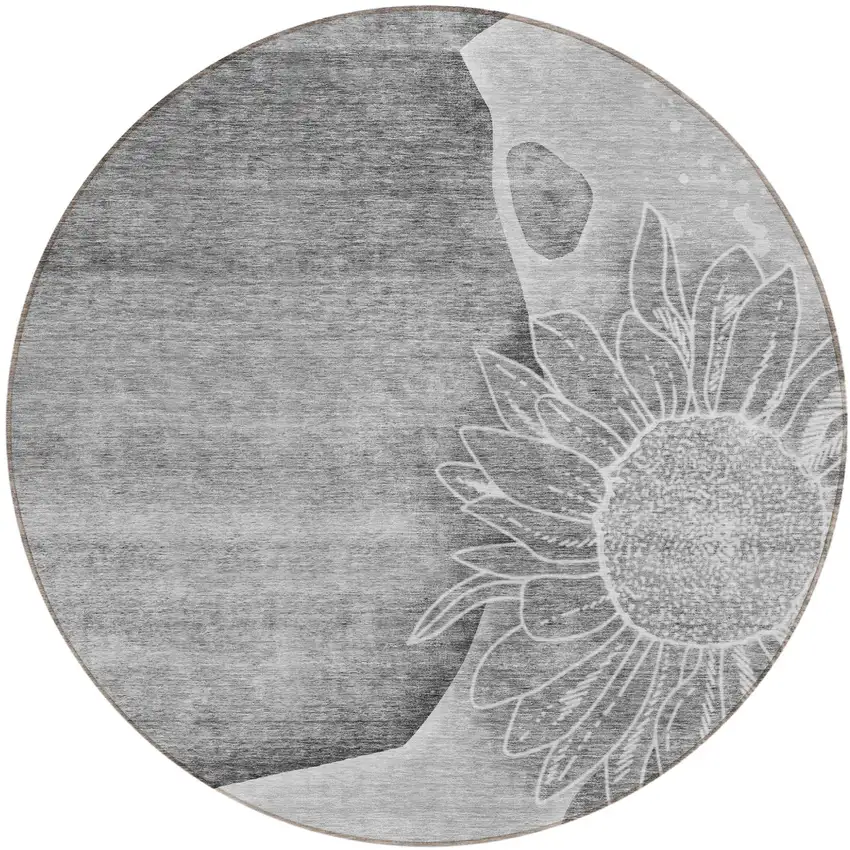 8' Gray Silver And Charcoal Round Floral Washable Indoor Outdoor Area Rug Photo 1