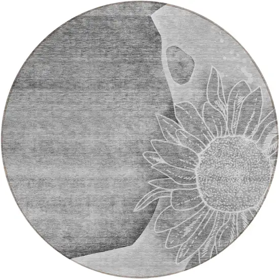 8' Gray Silver And Charcoal Round Floral Washable Indoor Outdoor Area Rug Photo 1