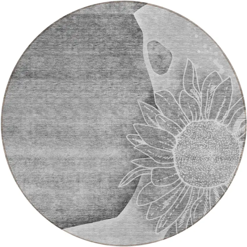 8' Gray Silver And Charcoal Round Floral Washable Indoor Outdoor Area Rug Photo 1