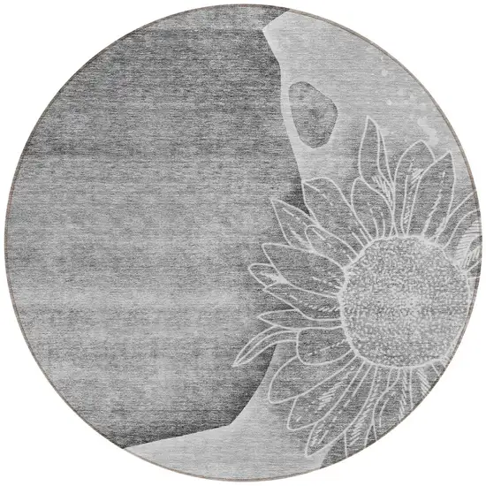 8' Gray Silver And Charcoal Round Floral Washable Indoor Outdoor Area Rug Photo 5