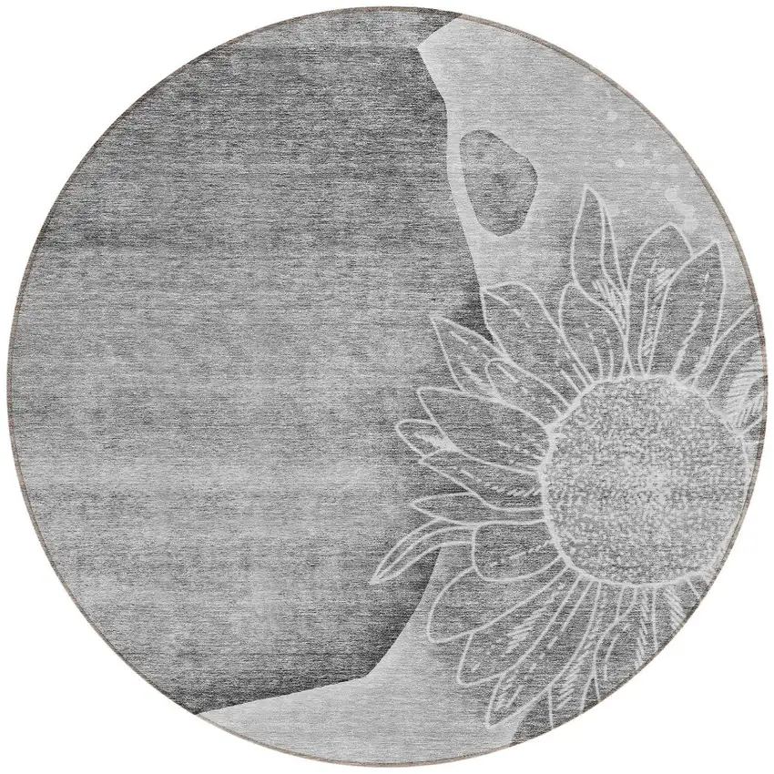 8' Gray Silver And Charcoal Round Floral Washable Indoor Outdoor Area Rug Photo 5