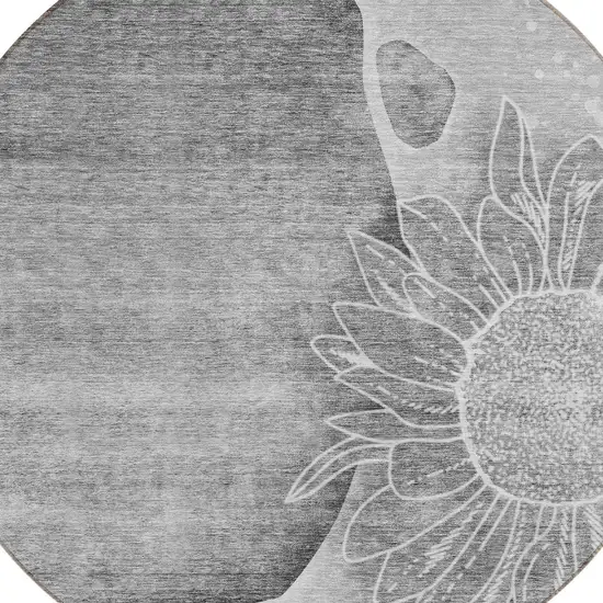 8' Gray Silver And Charcoal Round Floral Washable Indoor Outdoor Area Rug Photo 4