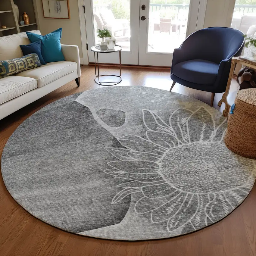 8' Gray Silver And Charcoal Round Floral Washable Indoor Outdoor Area Rug Photo 7
