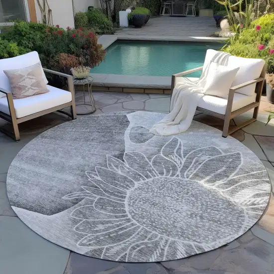 8' Gray Silver And Charcoal Round Floral Washable Indoor Outdoor Area Rug Photo 6