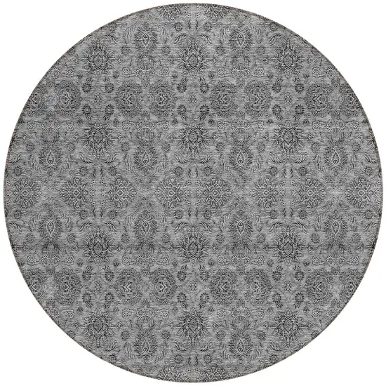 8' Gray Silver And Charcoal Round Floral Washable Indoor Outdoor Area Rug Photo 5