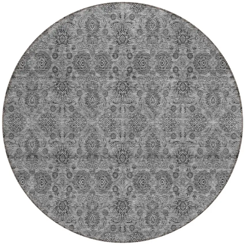 8' Gray Silver And Charcoal Round Floral Washable Indoor Outdoor Area Rug Photo 5