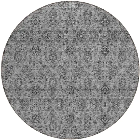 8' Gray Silver And Charcoal Round Floral Washable Indoor Outdoor Area Rug Photo 1