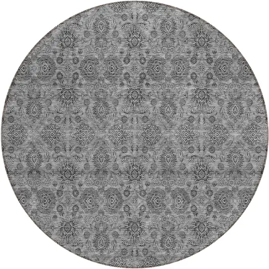 8' Gray Silver And Charcoal Round Floral Washable Indoor Outdoor Area Rug Photo 1