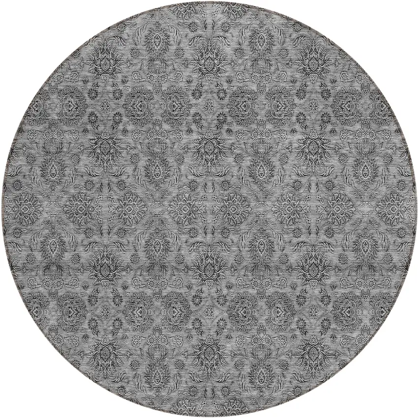 8' Gray Silver And Charcoal Round Floral Washable Indoor Outdoor Area Rug Photo 1
