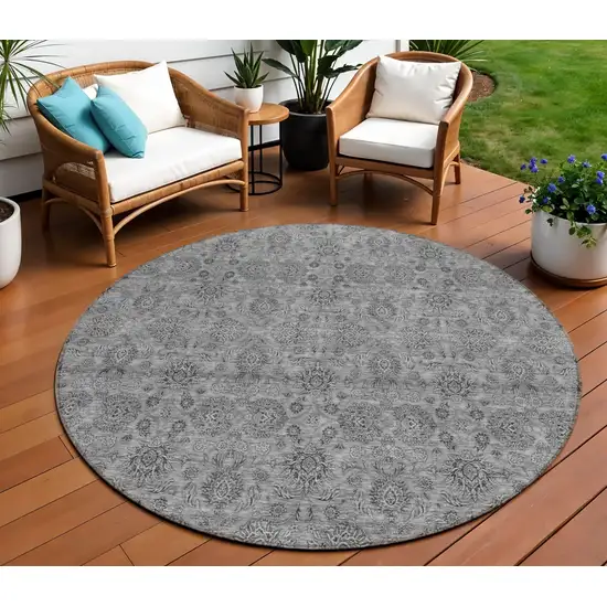 8' Gray Silver And Charcoal Round Floral Washable Indoor Outdoor Area Rug Photo 1