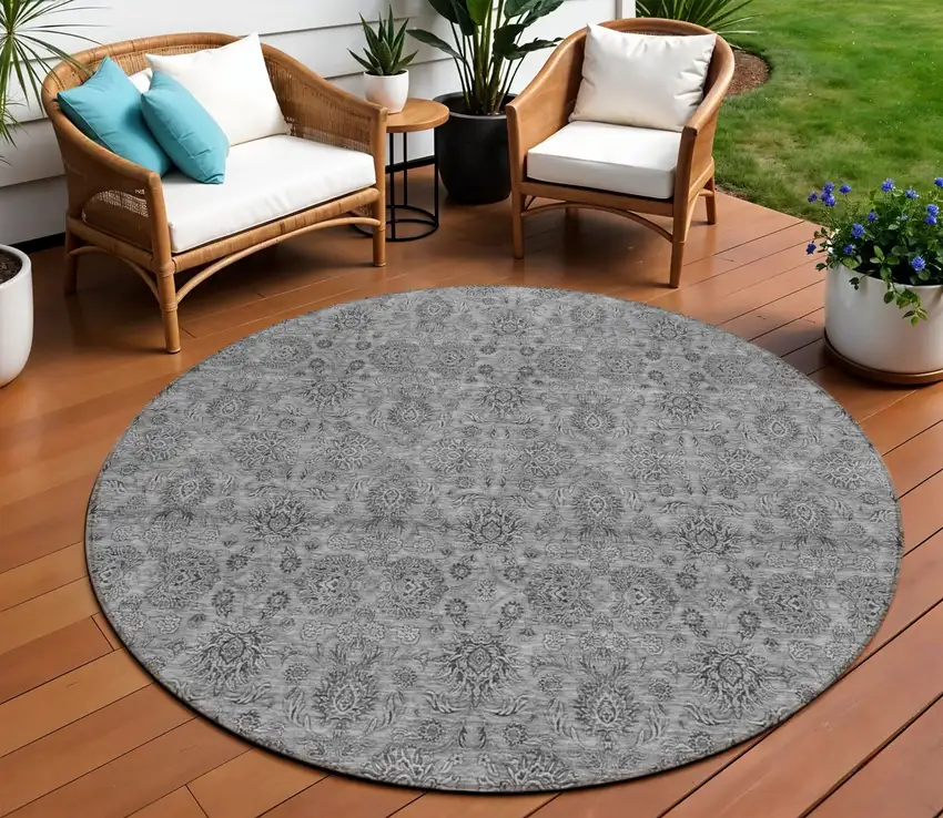 8' Gray Silver And Charcoal Round Floral Washable Indoor Outdoor Area Rug Photo 1