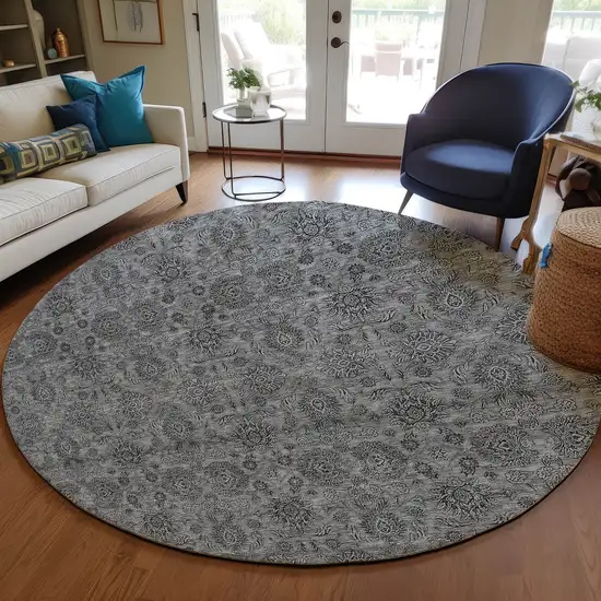 8' Gray Silver And Charcoal Round Floral Washable Indoor Outdoor Area Rug Photo 7