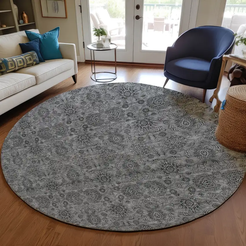 8' Gray Silver And Charcoal Round Floral Washable Indoor Outdoor Area Rug Photo 7