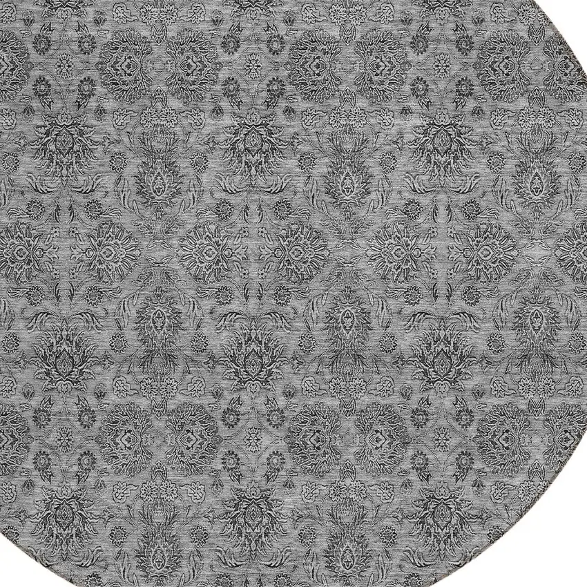 8' Gray Silver And Charcoal Round Floral Washable Indoor Outdoor Area Rug Photo 4