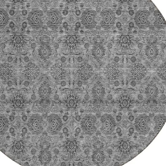 8' Gray Silver And Charcoal Round Floral Washable Indoor Outdoor Area Rug Photo 4