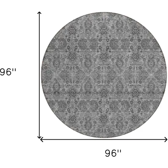 8' Gray Silver And Charcoal Round Floral Washable Indoor Outdoor Area Rug Photo 8