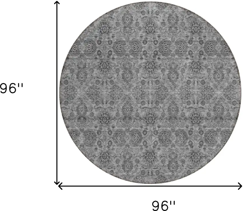 8' Gray Silver And Charcoal Round Floral Washable Indoor Outdoor Area Rug Photo 8